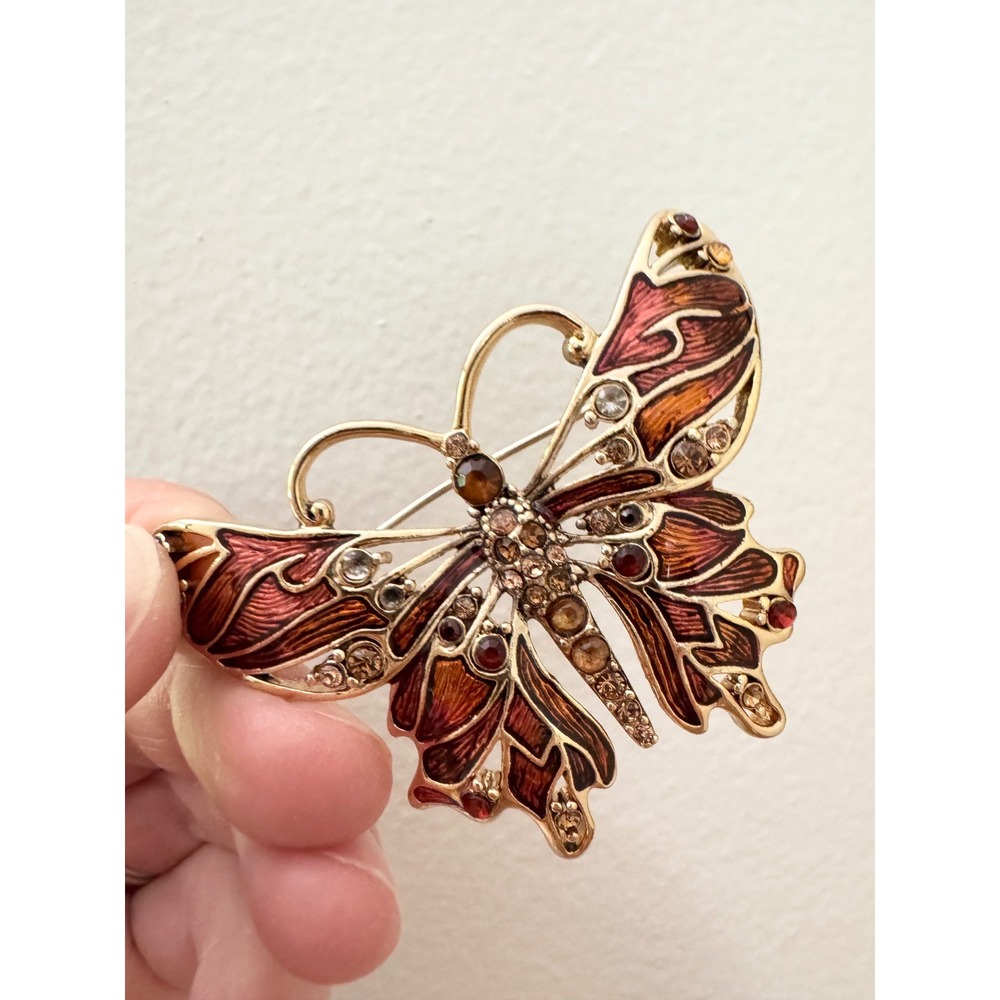 Monet Vintage‎ Butterfly Brooch Gold Tone Enamel Rhinestone Autumn Orange Pin